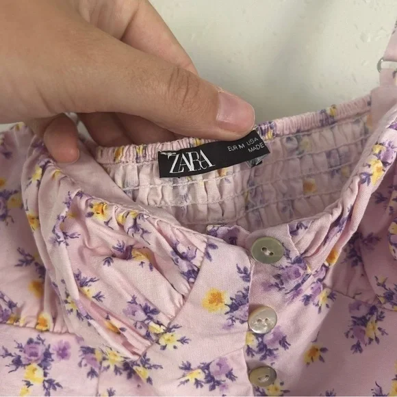 🦋 Zara Pink Floral Crop Top Summer Casual Medium Pastel - Picture 2 of 6
